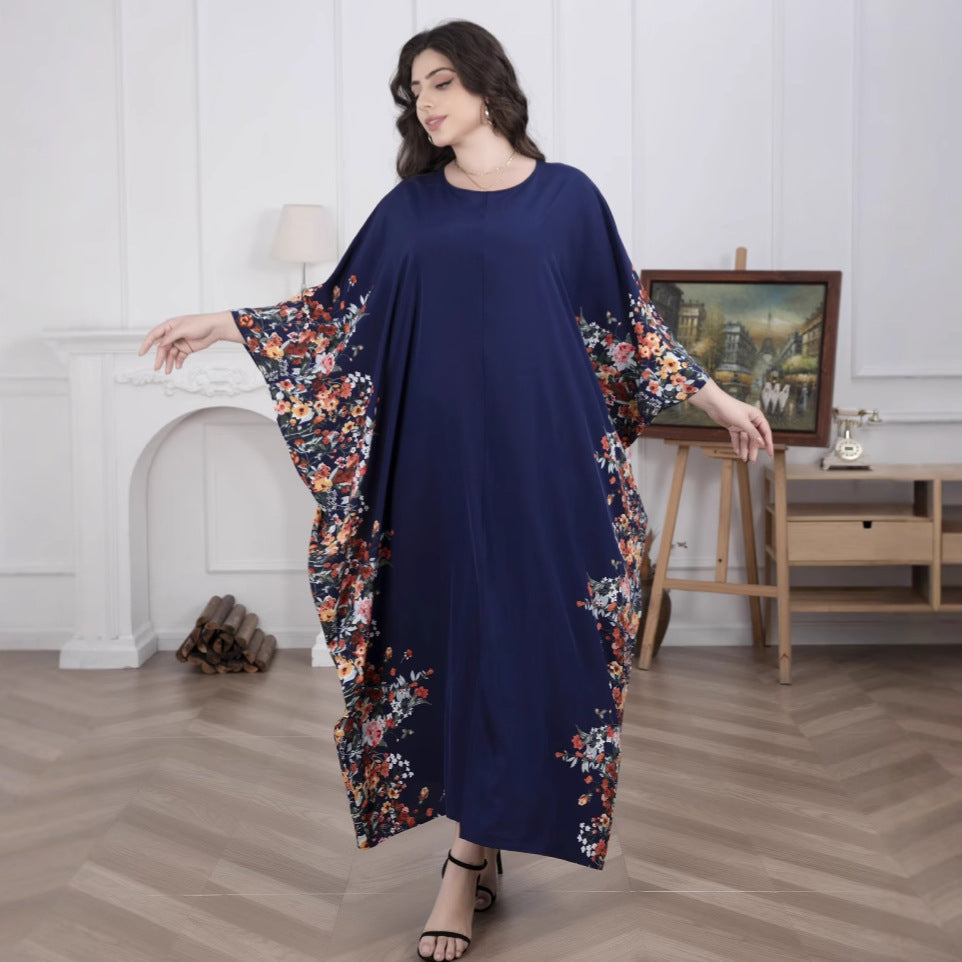 Damen Fließendes Maxikaftan-Kleid mit floralem Saum und dreiviertel Ärmeln Shop Nory