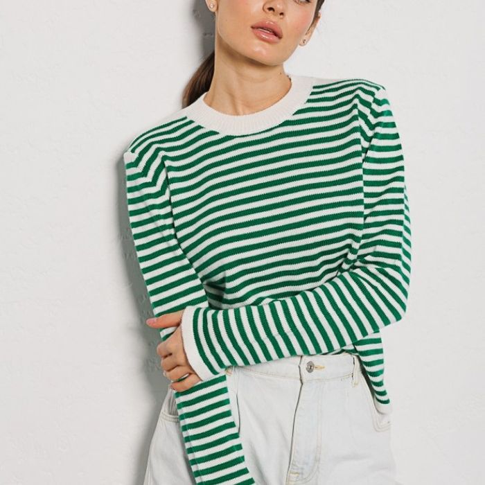 Damen gestreifter, lässiger Pullover aus hochwertigem Baumwollmix Shopnory
