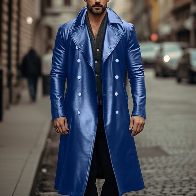 Herren Doppelreihiger Ledermantel im Trenchcoat‑Stil mit schmaler Taille Shop Nory