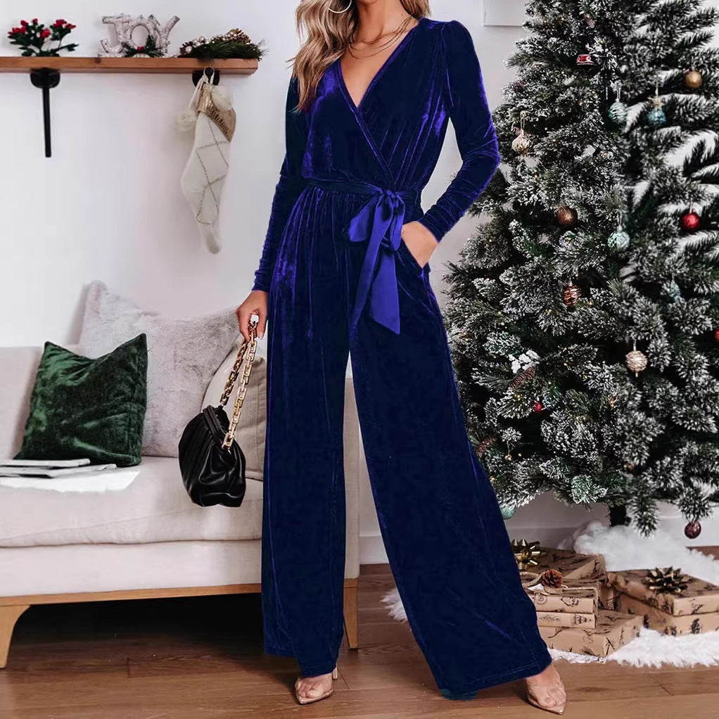 Damen Samt‑Jumpsuit mit Wickel‑V‑Ausschnitt, weitem Bein und Taillengürtel Shop Nory