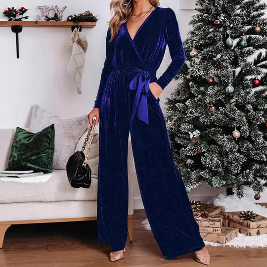Damen Samt‑Jumpsuit mit Wickel‑V‑Ausschnitt, weitem Bein und Taillengürtel Shop Nory