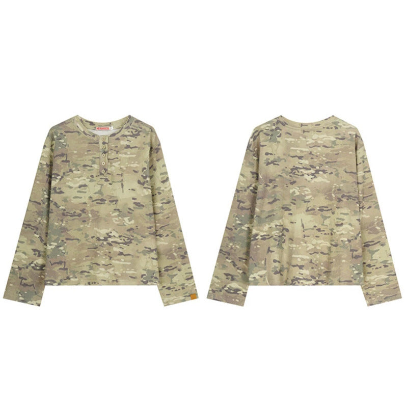 Damen Langarm-Henleyshirt im Waffelstrick mit Militär-Camouflage-Print und Knopfleiste Shop Nory