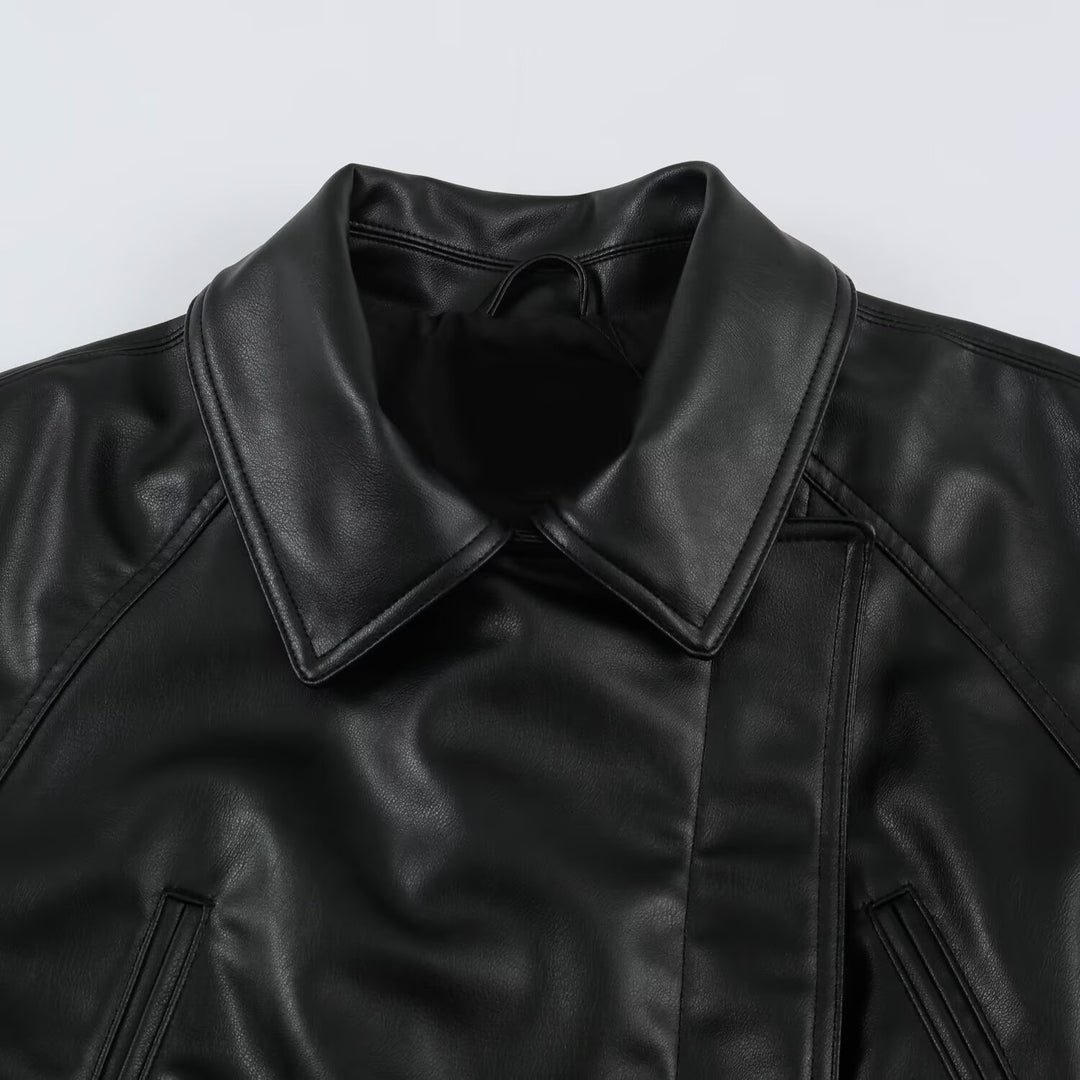 Damen Kurzjacke aus Lederimitat mit Taillengürtel und Oversize-Ärmeln Shop Nory