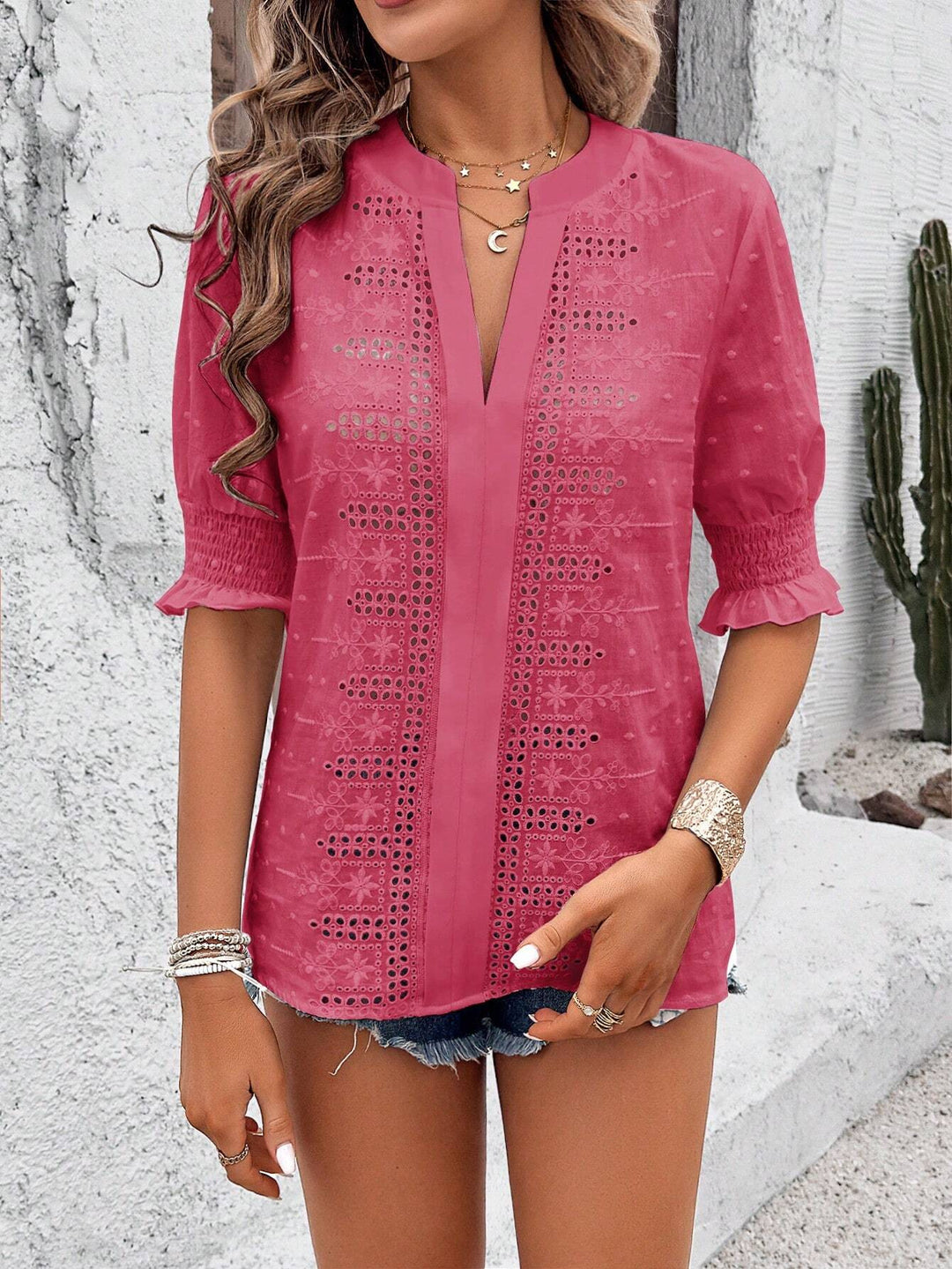 Damen Boho-Tunika mit Broderie-Anglaise und gerafften 3/4-Ärmeln Shop Nory