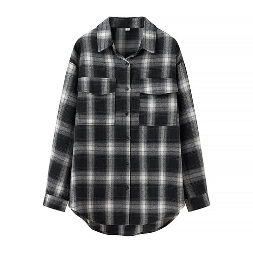 Damen Oversize‑Karo‑Hemdbluse mit aufgesetzten Brusttaschen und abgerundetem Saum Shop Nory