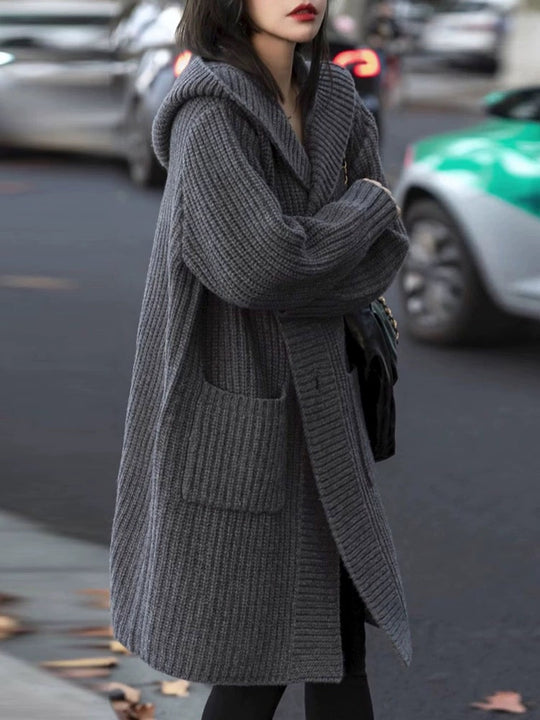 Damen Langer Kapuzen-Cardigan aus grobem Rippstrick mit Eingrifftaschen Shop Nory