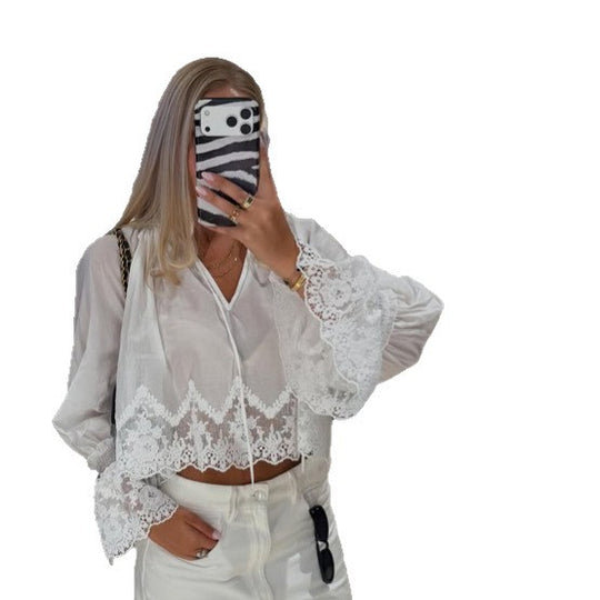 Damen Transparentes Spitzen-Blusentop mit Trompetenärmeln und Häkelbordüre Shop Nory