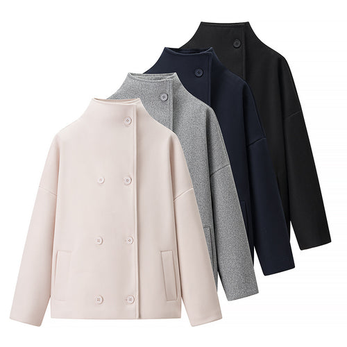 Damen Kurze doppeltgeknöpfte Oversize-Boxy-Jacke mit Stehkragen und Eingrifftaschen Shop Nory