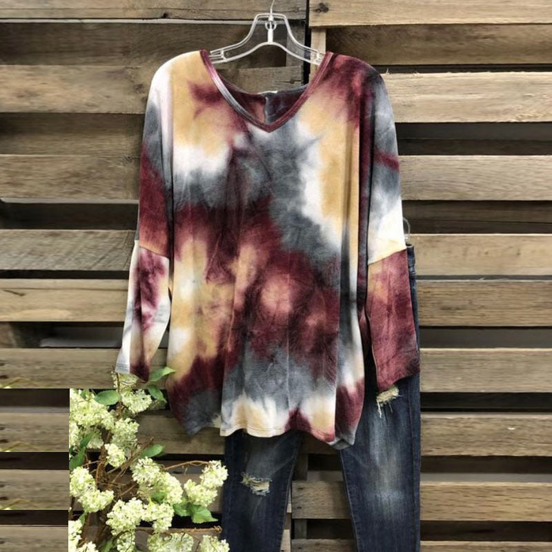 Damen Weiches V-Ausschnitt Longshirt im Aquarell-Batik mit geschwungenem Saum Shop Nory