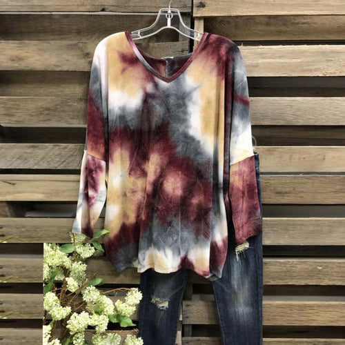 Damen Weiches V-Ausschnitt Longshirt im Aquarell-Batik mit geschwungenem Saum Shop Nory