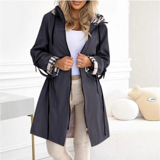 Damen nan taillierter Regenparka mit Kapuze kariert gefütterter Innenkragen und Tunnelzug Shop Nory