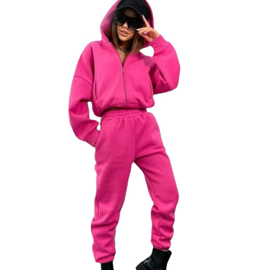 Damen komfortabler Oversize-Zweiteiler Jogginganzug mit Kapuzenhalbzip, elastischem Highwaist-Bund und Kängurutaschen Shop Nory