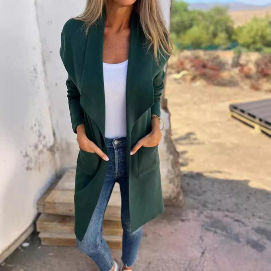 Damen Offener Longcardigan-Mantel mit Schalkragen und Eingrifftaschen Shop Nory