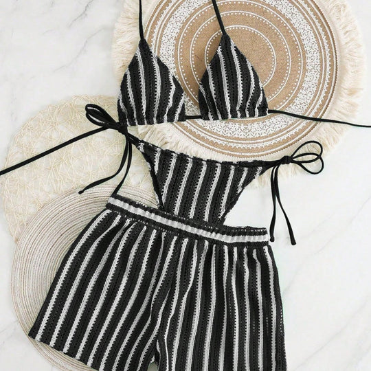 Damen Bikini-Set mit gerafftem Oberteil und hoch taillierten Shorts