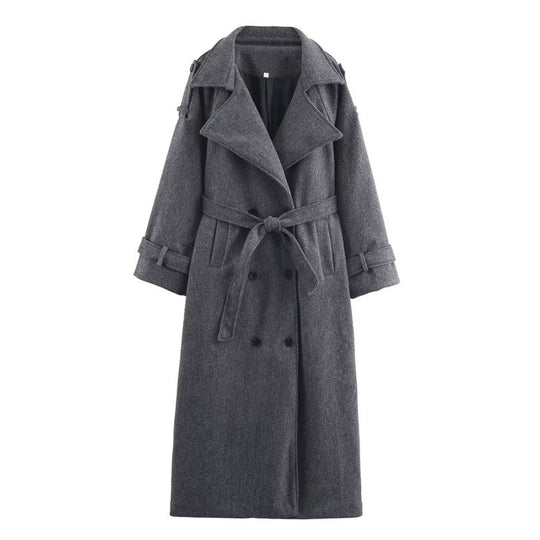 Damen langer doppeltreihiger Wollmix-Trenchcoat mit Gürtel und breitem Revers Shop Nory