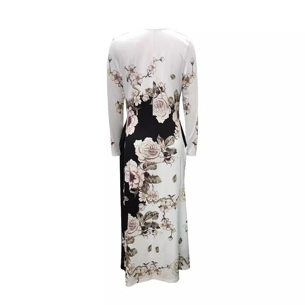 Damen Maxikleid mit floralem Allover-Print, A‑Linie, Langarm und Schlitzdetail Shop Nory