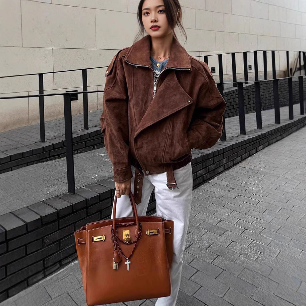 Damen Oversized Veloursleder-Bomberjacke mit Taillengürtel und Schalkragen Shop Nory