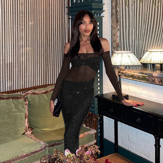 Damen schickes Abendkleid mit transparenten Ärmeln und Pailletten