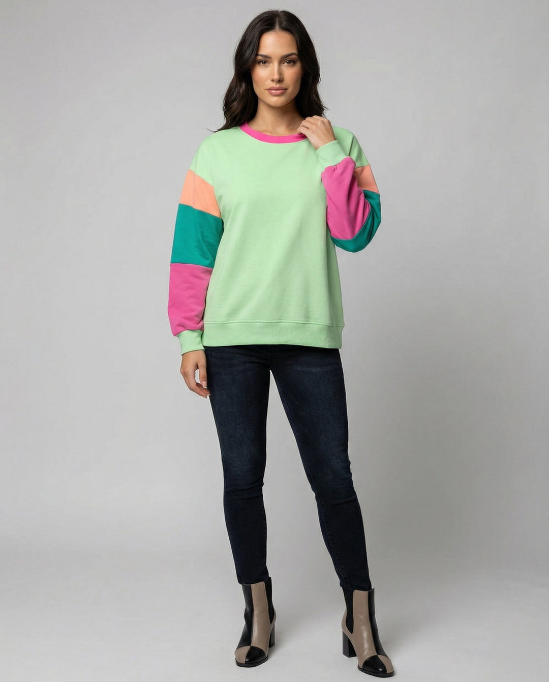 Damen lässiger Sweatshirt mit kontrastierenden Ärmeln