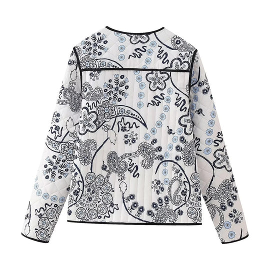 Damen Gestepptes Paisley‑Print Steppjacke mit Kontrastpaspel und Rundhalsausschnitt Shop Nory
