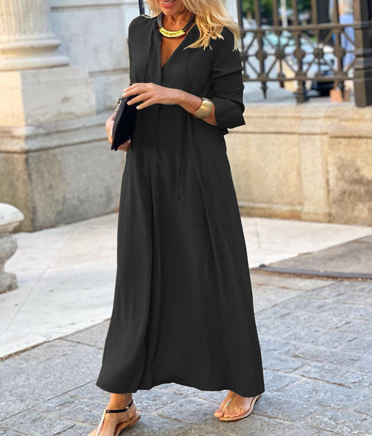 Damen Maxikleid mit V-Ausschnitt, Langärmelig, lockere A-Linien‑Silhouette und Kordelzug Shop Nory