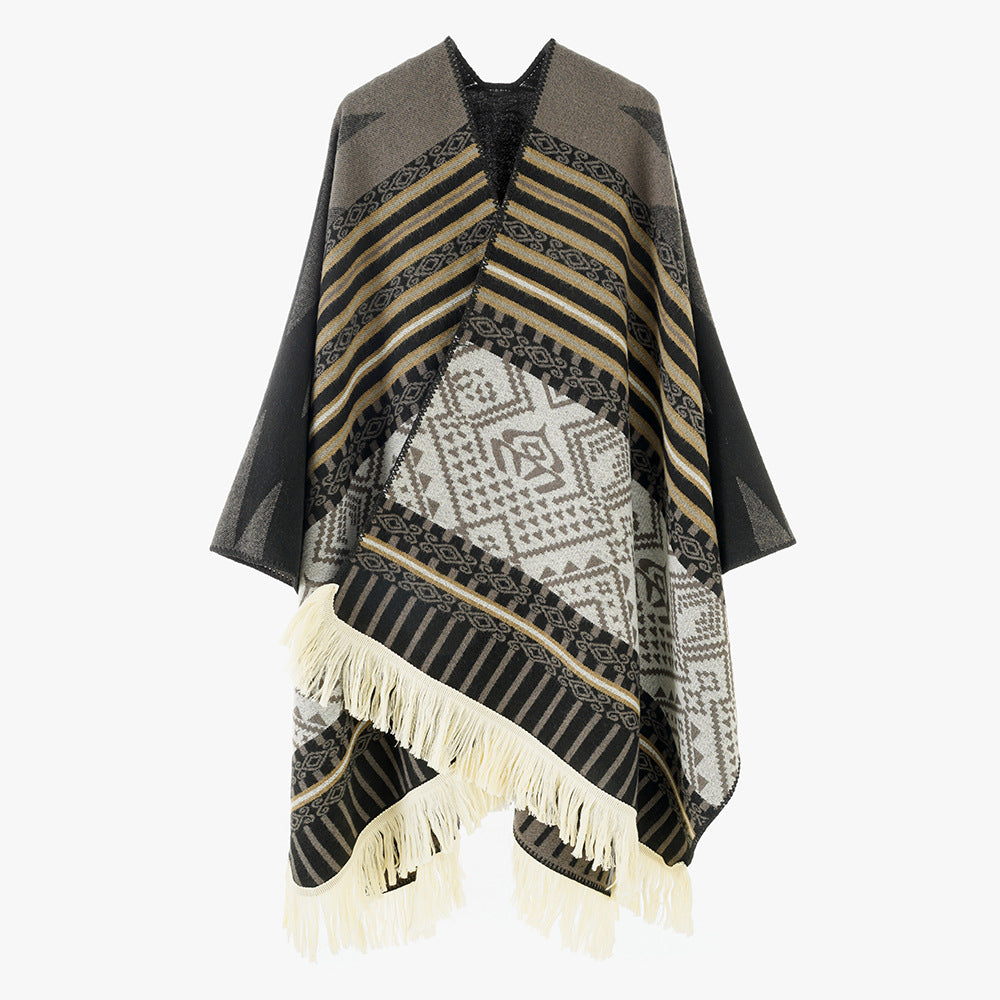 Damen Gewebter Jacquard-Poncho mit V-Ausschnitt, Ethno‑Print und Fransen Shop Nory