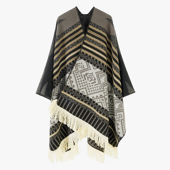 Damen Gewebter Jacquard-Poncho mit V-Ausschnitt, Ethno‑Print und Fransen Shop Nory