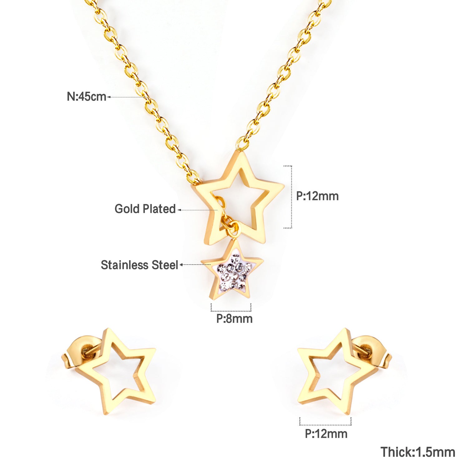 Damen Schmuckset mit goldplattierten Sternanhängern und funkelnden Zirkonia Shop Nory