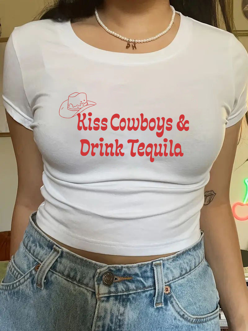 Damen Crop-T-Shirt mit kreativem Motiv und figurbetontem Schnitt Shopnory