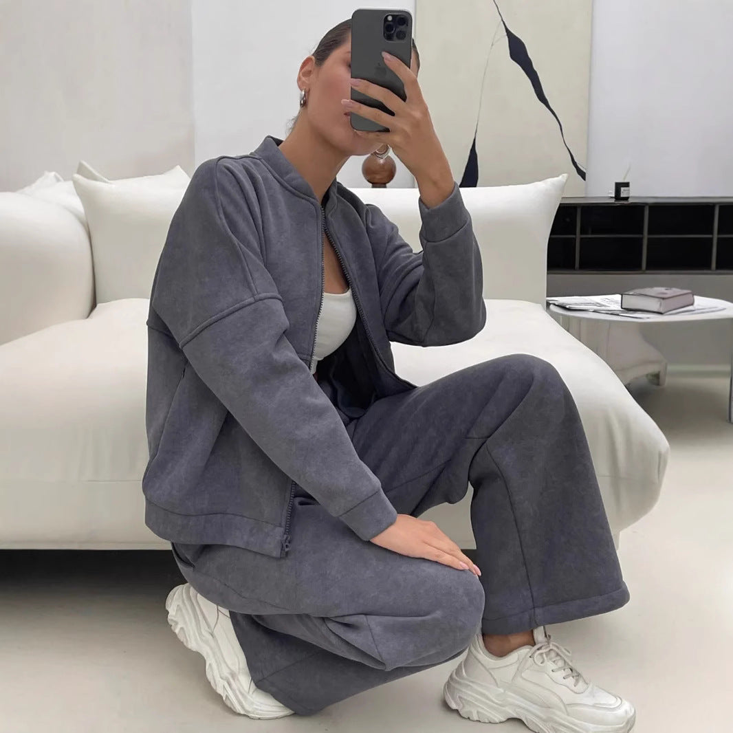 Damen lässiges Zip-Lounge-Set mit Stehkragen und weitem Highwaist-Joggpant Shop Nory