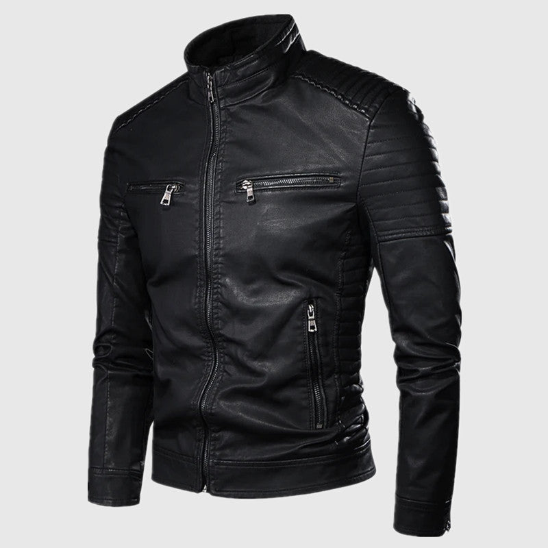 Herren Slim-Fit Biker-Lederjacke mit Stehkragen und gesteppter Schulterpartie Shop Nory
