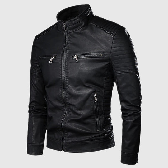 Herren Slim-Fit Biker-Lederjacke mit Stehkragen und gesteppter Schulterpartie Shop Nory
