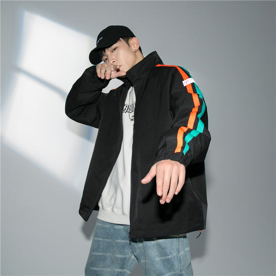 Herren Locker geschnittene Trackjacke mit Stehkragen, kontrastierenden Streifenärmeln und elastischen Bündchen Shop Nory
