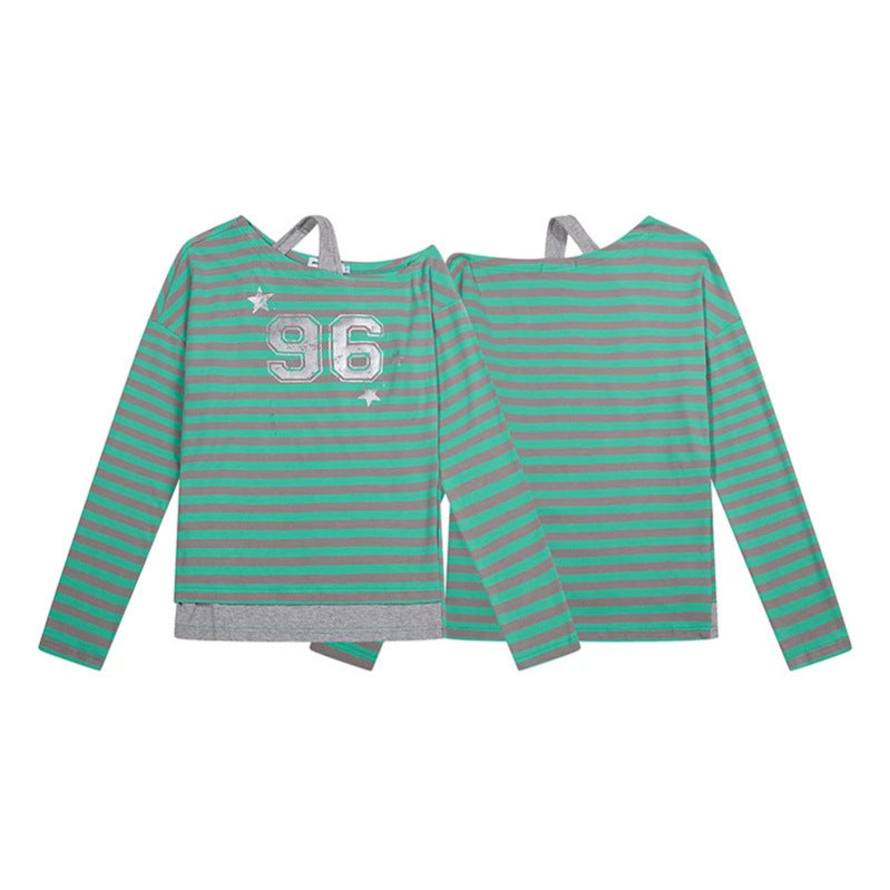 Damen Gestreiftes Langarmshirt mit asymmetrischem Ausschnitt, Lagenoptik und Metallic-Print Shop Nory
