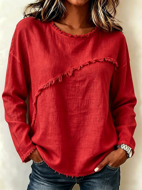 Damen Legeres Longsleeve mit diagonaler Fransenapplikation und ausgefranstem Rundhals Shop Nory