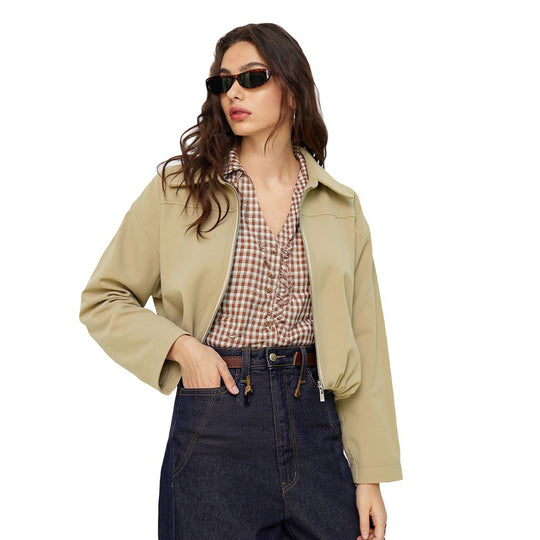 Damen kurze Oversize-Bomberjacke mit Reißverschluss, leichtem Kragen und elastischem Saum Shop Nory