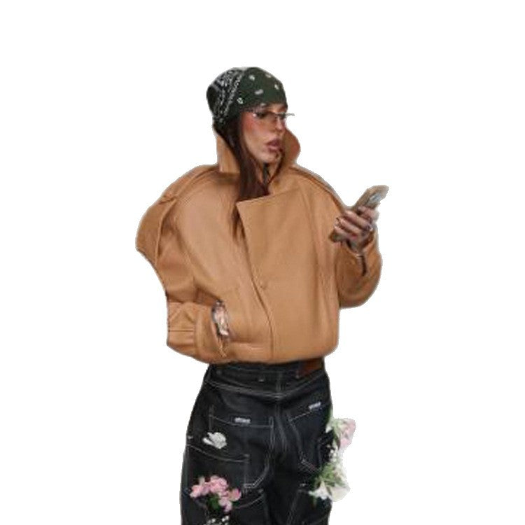 Damen Cropped Oversize-Jacke aus strukturiertem Kunstleder mit hohem Stehkragen Shop Nory