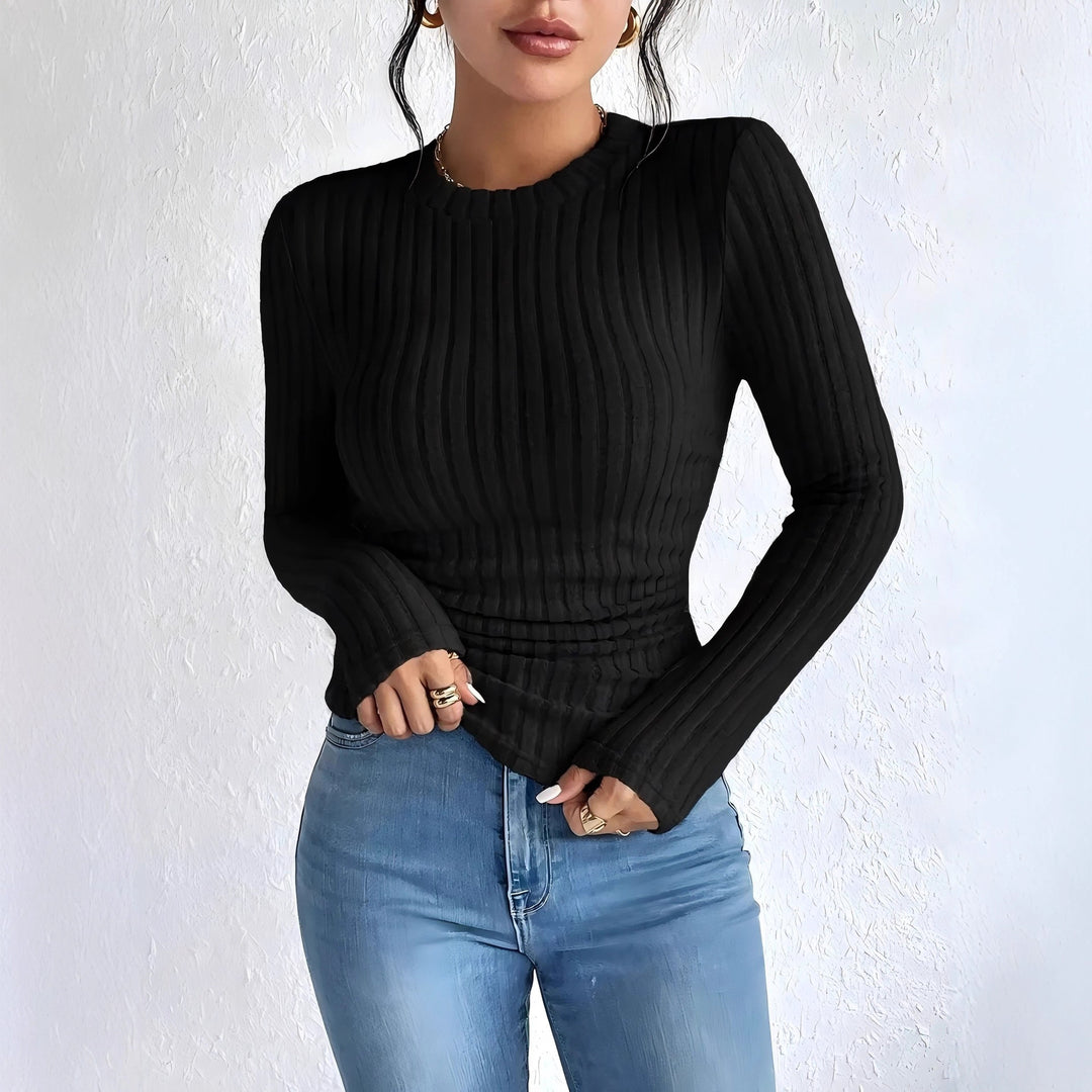 Damen Geripptes Langarmshirt mit vertikaler Plissee‑Optik und taillierter Passform Shop Nory
