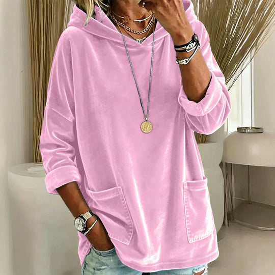 Damen Samt-Hoodie mit Kapuze, Oversize-Schnitt und aufgesetzten Taschen Shop Nory