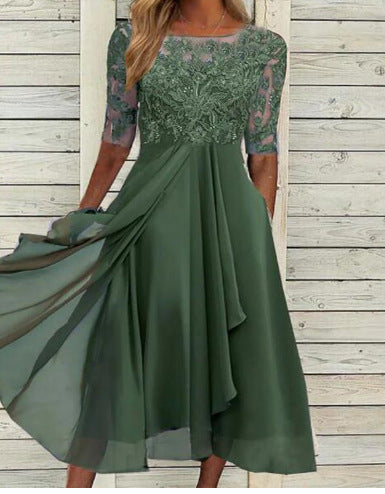 Damen Elegantes Midikleid mit Spitzenärmeln und schwingendem Rock