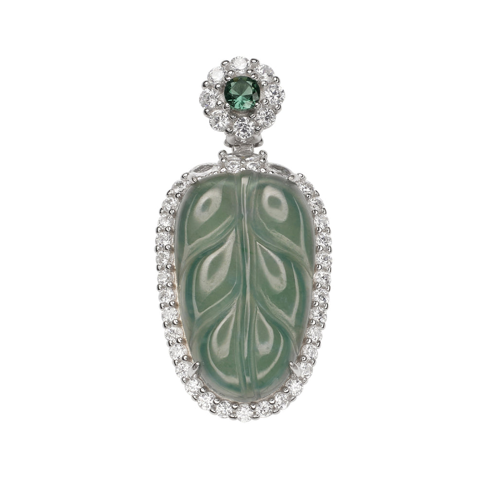 Damen Anhänger mit filigranem Blattdesign aus grünem Jade und funkelnden Zirkonia Shop Nory