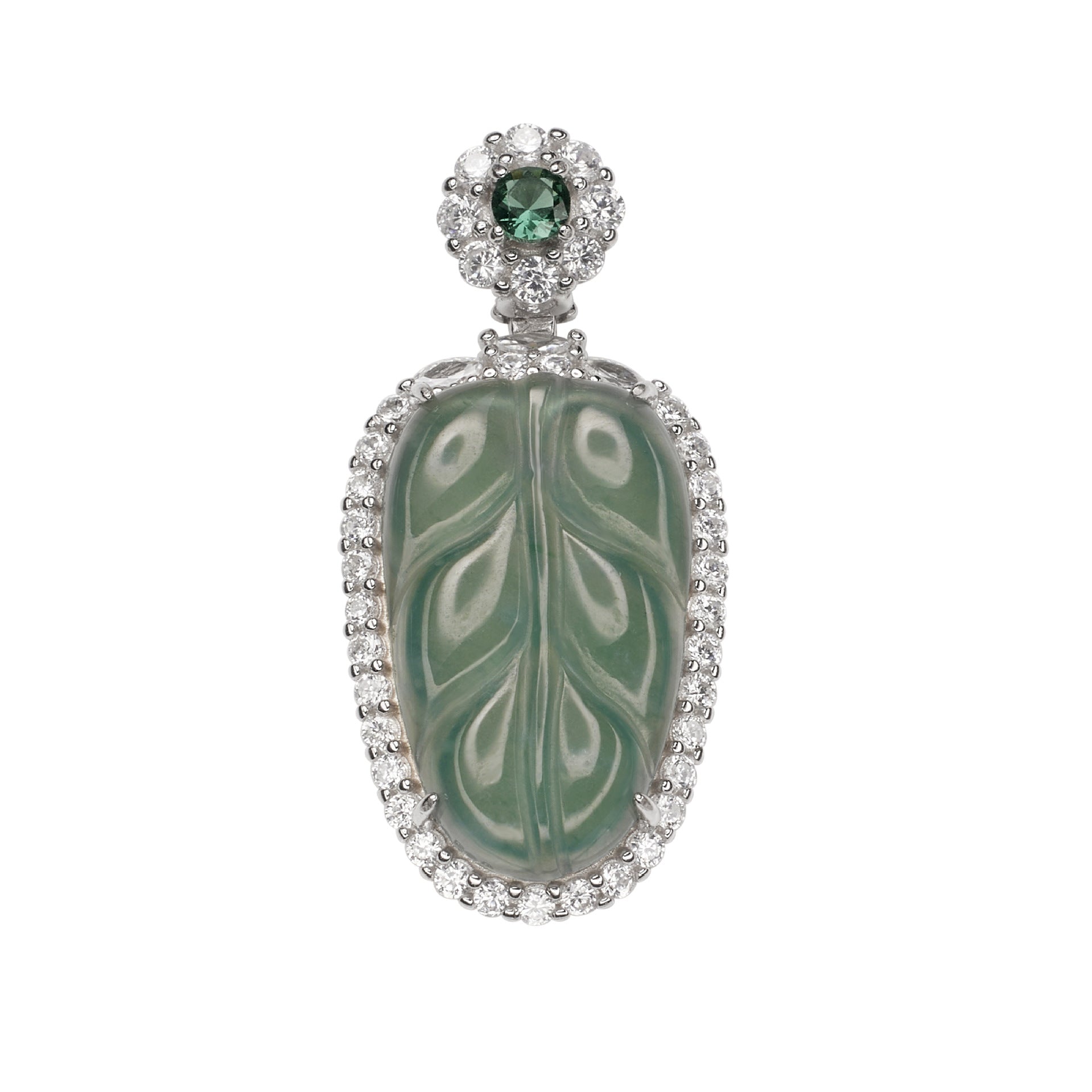 Damen Anhänger mit filigranem Blattdesign aus grünem Jade und funkelnden Zirkonia Shop Nory