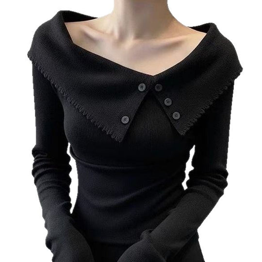 Damen Eleganter Pullover mit weitem Kragen und Knopfdetails Shop Nory