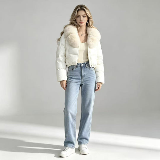 Damen nan kurze taillierte Pufferjacke mit voluminösem Kapuzenkragen und abnehmbarem Fellbesatz Shop Nory