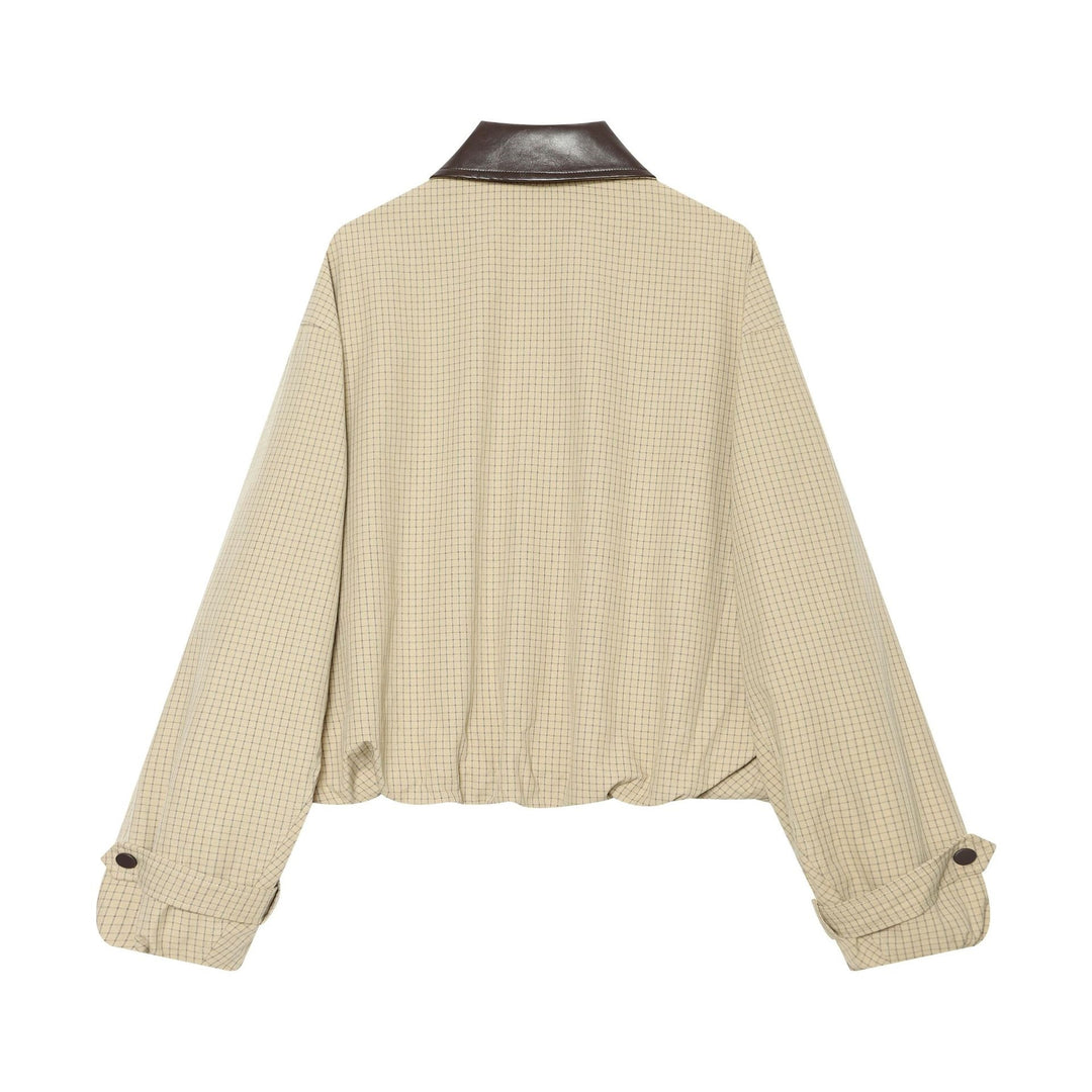 Damen Oversize-Boxy-Jacke mit Karomuster, Kunstleder-Revers und Kordelzugsaum Shop Nory