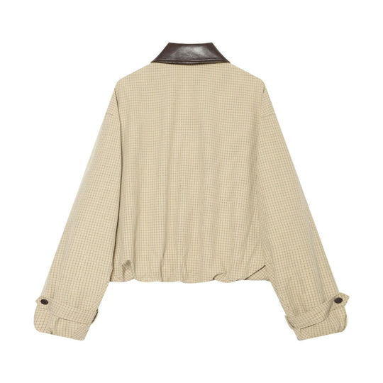 Damen Oversize-Boxy-Jacke mit Karomuster, Kunstleder-Revers und Kordelzugsaum Shop Nory