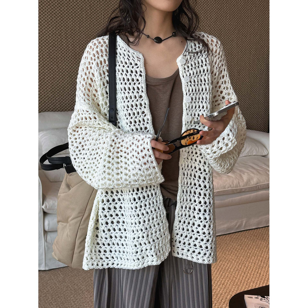 Damen Gehäkelter Offener Longcardigan aus Baumwollmix mit Lochmuster und Knopfleiste Shop Nory