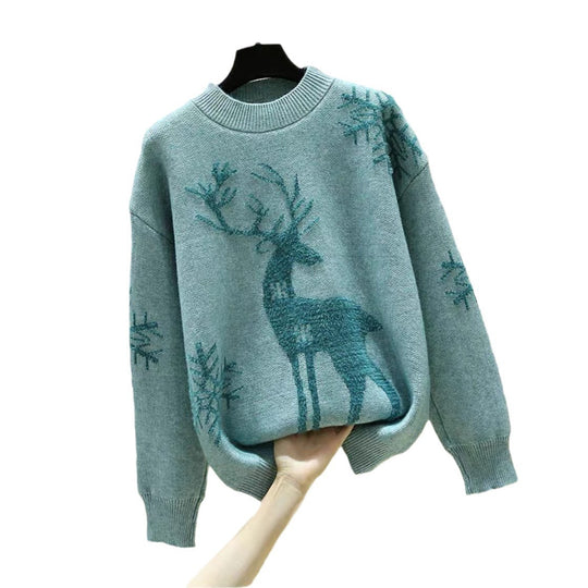 Damen Gemusterter Strickpullover mit Rentier-Jacquard, Rundhalsausschnitt und geripptem Saum Shop Nory