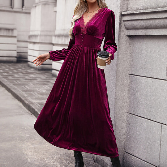 Damen Samt-Maxikleid mit V-Ausschnitt und Empire-Taille Shop Nory