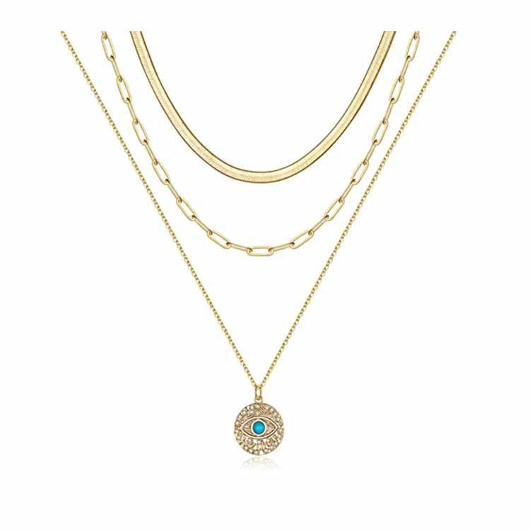 Damen Halskette mit dreifachem Kettendesign und schützendem Augenanhänger Shop Nory